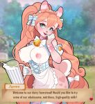  anthro apron bell bell_accessory beverage big_breasts blush bodily_fluids bracelet breasts clothing dialogue english_text exposed_breasts eyeshadow female freckles fur genitals green_eyes hair hi_res holding_beverage holding_object huge_breasts jewelry lactating lagomorph leporid long_hair makeup mammal milk navel open_mouth orange_hair parfait_(parfaitbunny) parfaitbunny pink_eyeshadow pussy rabbit solo talking_to_viewer tan_body tan_fur text thick_thighs white_body white_fur wide_hips 