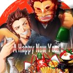  2boys ajitama-gohan alcohol arm_around_shoulder beard black_kimono blue_eyes blue_kimono bottle brown_hair couple crab facial_hair fate/grand_order fate_(series) goatee happy_new_year highres holding holding_bottle iskandar_(fate) japanese_clothes kimono long_sideburns long_sleeves male_focus mature_male multiple_boys napoleon_bonaparte_(fate) red_hair sake short_hair sideburns smile upper_body yaoi 