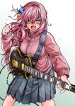  1girl absurdres bangs black_skirt blue_eyes bocchi_the_rock! breasts cube_hair_ornament gotou_hitori gradient_background green_background guitar hair_ornament hair_over_eyes highres holding holding_instrument instrument jacket large_breasts long_hair long_sleeves music one_side_up open_mouth pink_hair pink_jacket playing_instrument pleated_skirt skirt solo tadd_(tatd) 