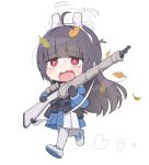  1girl animal_ears bangs binoculars black_hair blue_archive blue_skirt blunt_bangs bolt_action bright_pupils chibi fake_animal_ears full_body gun halo holding holding_gun holding_weapon leaf leaf_on_head long_hair miyu_(blue_archive) mosin-nagant nnyu open_mouth pleated_skirt rabbit_ears red_eyes rifle running shoes simple_background skirt sneakers solo sweat sweating_profusely weapon white_background white_footwear 