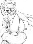 2017 anthro anthrofied applejack_(mlp) breasts clothed clothing cowboy_hat earth_pony equid equine female friendship_is_magic genitals hair hand_behind_head hasbro hat headgear headwear hi_res horse looking_at_viewer mammal monochrome my_little_pony nipples nude open_clothing open_shirt open_topwear partially_clothed pony pussy shirt smile solo tail topwear traditional_media_(artwork) zemer 