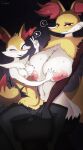 anthro areola big_breasts blush braixen breasts canid canine delphox duo female fur generation_6_pokemon genitals hi_res inner_ear_fluff looking_at_viewer mammal nintendo nipples nude omeki pokemon pokemon_(species) pussy smile tuft yellow_body yellow_fur 