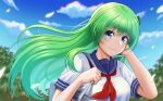  1girl bangs blue_eyes blue_sailor_collar blue_sky closed_mouth cloud commentary_request green_hair hand_in_own_hair highres kochiya_sanae long_hair looking_at_viewer neckerchief outdoors red_neckerchief sailor_collar school_uniform serafuku sky smile solo tatsu_toyoyo touhou upper_body white_serafuku 