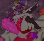  anthro breasts clothing colourful_fur curled_hair eyeshadow female hair hi_res legwear lingerie looking_at_viewer makeup panties piercing red_clothing scwambledeggs slightly_chubby solo stockings sunny_(scwambledeggs) underwear 
