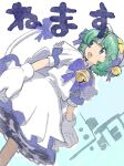  1girl animal_hat apron bangs bell blue_bow blue_bowtie blue_dress bow bowtie cat_hat cat_tail colored_pencil_(medium) dejiko di_gi_charat dress dutch_angle fang feet_out_of_frame frilled_apron frills green_eyes green_hair gundam_(vxrwvww) hair_bell hair_bow hair_ornament hat highres jingle_bell looking_ahead looking_to_the_side maid_apron neck_bell open_mouth parted_bangs puffy_short_sleeves puffy_sleeves short_hair short_sleeves smile solo tail tail_bow tail_ornament traditional_media translated waist_bow white_apron white_bow white_mittens 