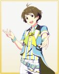  1boy akizuki_ryo bangs belt brown_eyes brown_hair buttons collared_shirt fingernails idolmaster idolmaster_side-m idolmaster_side-m_growing_stars male_focus official_art open_mouth outstretched_hand palms shirt simple_background smile solo 