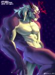  2022 2_horns abs absurd_res anthro big_pecs butt countershading dated digital_media_(artwork) dragon facial_hair fansl hair halo hi_res horn male muscular muscular_anthro muscular_arms muscular_male nude pecs purple_body purple_scales red_halo scales scalie sideburns signature solo sparkling_background white_body white_hair wingless_dragon yellow_eyes 