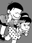  1boy 1girl character_name closed_eyes dress eyelashes female_child hairband highres male_child matsuno_todomatsu osomatsu-kun polka_dot polka_dot_dress short_twintails smile softowel twintails yowai_totoko 