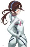  1girl absurdres ass blue_eyes blue_hairband bodysuit breasts brown_hair closed_mouth commentary cowboy_shot evangelion:_3.0+1.0_thrice_upon_a_time from_behind glasses hairband hand_on_hip highres long_hair looking_at_viewer low_twintails makinami_mari_illustrious medium_breasts neon_genesis_evangelion rebuild_of_evangelion red-framed_eyewear semi-rimless_eyewear signature smile solo t-lex twintails white_bodysuit 