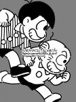  2boys bald buttons character_name chibita collared_shirt grin highres male_child male_focus matsuno_karamatsu multiple_boys osomatsu-kun running shirt short_sleeves shorts smile softowel 