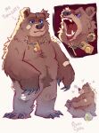  2023 absurd_res angry anthro arm_scar baby_bear_(puss_in_boots) bandage bear belly big_belly biped blue_eyes brown_body brown_fur claws dreamworks english_text fangs featureless_crotch food foot_grab fur hi_res honey_(food) jewelry male mammal necklace notched_ear nude open_mouth overcyan overweight overweight_male pubes puss_in_boots_(film) puss_in_boots_the_last_wish scar simple_background solo teeth text 