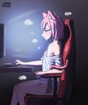  1girl 2023 animal_ear_fluff animal_ears artist_logo artist_name at_computer blush bottomless chair commentary computer dated dildo english_commentary female_masturbation flat_chest fox_ears fox_girl gaming_chair highres indoors masturbation mouse_(computer) nipple_slip nipples nyaxxy object_insertion parted_lips red_hair sex_toy shirt short_hair signature sitting solo steam steaming_body swivel_chair white_shirt 