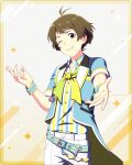  1boy akizuki_ryo bangs belt brown_eyes brown_hair buttons collared_shirt fingernails idolmaster idolmaster_side-m idolmaster_side-m_growing_stars looking_at_viewer male_focus official_art one_eye_closed outstretched_hand palms shirt short_sleeves simple_background smile solo 