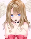  1girl bangs black_choker blue_eyes blush bow breasts brown_hair candy chocolate choker cleavage closed_mouth collarbone eunie_(xenoblade) feathered_wings food food_in_mouth hair_between_eyes head_wings heart heart-shaped_chocolate highres large_breasts long_hair looking_at_viewer mouth_hold naked_ribbon nanase_nao pink_background red_bow red_ribbon ribbon simple_background solo white_wings wings xenoblade_chronicles_(series) xenoblade_chronicles_3 