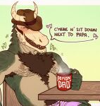 &lt;3 2_horns anthro armpit_hair beverage body_hair bulge chair chest_hair clothed clothing coffee countershading cowboy_hat crocodile crocodilian crocodylid dialogue english_text furniture green_body hat headgear headwear hi_res holding_mug holding_object horn horn_through_clothing looking_at_viewer male mug muscular muscular_anthro muscular_male nipples on_chair pink_clothing pink_underwear reptile scalie sitting sitting_on_chair solo speech_bubble table text tony&#039;s_dad_(xeoniios) topless topless_anthro topless_male underwear xeoniios 