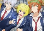  3boys aqua_eyes blonde_hair classroom green_eyes grey_hair highres idolmaster idolmaster_side-m locked_arms male_focus multiple_boys necktie open_mouth orange_hair partially_unbuttoned pierre_bichelberger purple_eyes red_necktie sakaki_natsuki school_uniform smile sweater_vest tarou_(2taro8) wakazato_haruna 