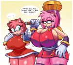  absurd_res amy_rose anthro big_breasts blush bodily_fluids breast_size_difference breasts button_(fastener) clothing deegee duo eulipotyphlan female gloves green_eyes half-closed_eyes handwear hedgehog hi_res huge_breasts mammal narrowed_eyes piko_piko_hammer ring_(jewelry) sega sonic_boom sonic_the_hedgehog_(series) sports_tape sweat sweatdrop 