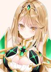  1girl bangs bare_shoulders blush breasts brown_background brown_eyes brown_hair cleavage closed_mouth dress earrings hair_between_eyes headpiece highres jewelry large_breasts long_hair looking_at_viewer mythra_(xenoblade) nanase_nao simple_background smile solo upper_body white_dress xenoblade_chronicles_(series) xenoblade_chronicles_2 