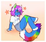  anime_eyes anthro blue_eyes bottomwear canid canine clothing eyewear feet fur girly glasses hair icarus_skyhawk male mammal multicolored_body multicolored_fur multicolored_hair open_mouth purple_hair rainbow_hair rinjikun shorts sitting solo sparkledog sparkles star super_gay toes tucked_shirt 