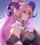  1girl absurdres bangs breasts cleavage crying curled_horns evomanaphy fire_emblem fire_emblem_heroes gloves gradient_hair hair_ornament hairband highres horns large_breasts long_hair multicolored_hair nerthuz_(fire_emblem) pink_hair purple_eyes purple_hair sleeveless solo tears two-tone_hair veil 