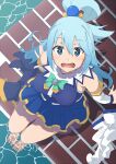  1girl :d absurdres aqua_(konosuba) bangs bare_shoulders blue_eyes blue_footwear blue_hair blue_skirt blush boots boots_removed breasts commentary_request detached_sleeves from_above full_body hair_between_eyes hair_ornament hair_rings highres kono_subarashii_sekai_ni_shukufuku_wo! kuragen_(ojikurage) large_breasts long_hair looking_at_viewer open_mouth shirt sitting skirt smile soaking_feet solo sweatdrop thighhighs thighhighs_removed water wavy_mouth white_shirt white_thighhighs 