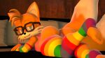  2021 2_tails 3d_(artwork) anthro armwear bed bedroom_eyes big_butt blue_eyes bubble_butt butt canid canine clothed clothing crop_top detailed_background digital_media_(artwork) elbow_gloves eyewear feet fingerless_gloves fingers fluffy fluffy_tail fox fur furniture girly glasses gloves handwear hi_res inside legwear long_tail looking_at_viewer looking_back lying male mammal miles_prower multi_tail multicolored_clothing multicolored_gloves multicolored_handwear multicolored_legwear multicolored_stockings nackey narrowed_eyes on_bed on_front rainbow_clothing rainbow_gloves rainbow_handwear rainbow_legwear rainbow_stockings seductive sega shirt skimpy smile solo sonic_the_hedgehog_(series) source_filmmaker stockings tail teeth thick_thighs thigh_highs toes topwear underwear yellow_body yellow_fur 