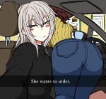  2girls akaboshi_koume ass ass_focus bangs black_sweater blue_eyes blush breasts brown_hair car_interior car_seat casual closed_mouth commentary_request denim drive-thru english_text girls_und_panzer half-closed_eyes he_wants_to_order_(meme) highres itsumi_erika long_sleeves looking_at_viewer meme multiple_girls noumen rear-view_mirror selfie snapchat steering_wheel sweater turtleneck white_hair yellow_sweater 