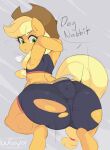  2023 anus applejack_(mlp) artist_name big_anus big_butt biped blonde_hair bottomwear bra butt camel_toe clothing cowboy_hat crouching dialogue digital_drawing_(artwork) digital_media_(artwork) earth_pony english_text equid equine female friendship_is_magic green_eyes grey_background gym_bottomwear gym_clothing gym_shorts hair hasbro hat headgear headwear hi_res horse looking_at_viewer looking_back looking_back_at_viewer looking_down mammal my_little_pony nude orange_body pony puffy_anus semi-anthro shorts simple_background solo sports_bra stretching tail text thick_thighs tight_clothing torn_bottomwear torn_clothing torn_shorts underwear uuforya yellow_tail 