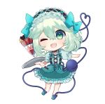  1girl argyle bangs black_bow black_hairband blue_bow blue_heart blush bow chibi commentary_request dress dress_bow frilled_dress frilled_hairband frilled_sleeves frills green_bow green_dress green_eyes green_hair green_shirt hair_between_eyes hair_bow hairband head_tilt heart heart_of_string holding holding_tray komeiji_koishi looking_at_viewer medium_hair one_eye_closed open_mouth puffy_short_sleeves puffy_sleeves shirt short_sleeves simple_background smile solo strawberry_parfait third_eye touhou tray tsukikusa wavy_hair white_background 