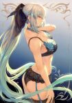  1girl absurdres aqua_hair ass bangs bare_arms blue_eyes bow bra braid breasts choker closed_mouth fate/grand_order fate_(series) from_side garter_belt garter_straps gradient_background gradient_hair hair_bow hair_ornament hand_up high_ponytail highres lingerie long_hair looking_at_viewer mashuu_(neko_no_oyashiro) medium_breasts morgan_le_fay_(fate) multicolored_hair panties ponytail scan simple_background solo thighhighs thighs two-tone_hair underwear white_hair 