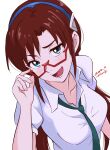  1girl absurdres adjusting_eyewear blue_hairband blush brown_hair collared_shirt commentary_request dated evangelion:_2.0_you_can_(not)_advance glasses green_eyes green_necktie hairband highres low_twintails lower_teeth_only makinami_mari_illustrious necktie neon_genesis_evangelion open_mouth rebuild_of_evangelion red-framed_eyewear school_uniform semi-rimless_eyewear shirt short_sleeves signature simple_background smile solo teeth tsunemoku twintails upper_body white_background white_shirt 