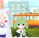  2girls animal_ears bangs black_eyes black_shirt blue_sky bright_pupils building bush cable_car city closed_eyes cloud day dot_nose dress ears_down facing_viewer forehead fox_ears frilled_shirt frills green_hair hair_bobbles hair_ornament hair_over_shoulder halterneck high_ponytail hikimayu long_hair looking_at_viewer low_ponytail medium_hair miyuto multiple_girls neckerchief no_mouth off-shoulder_dress off_shoulder outdoors parted_bangs raised_eyebrows shirt short_sleeves sidelocks sky touhoku_itako upper_body voiceroid voicevox white_hair white_neckerchief white_pupils window zundamon 