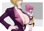  breasts clothes formal highres hunter_x_hunter jealous large_breasts looking_at_another machi_komacine non-web_source open_clothes open_shirt pakunoda pink_hair simple_background suit 