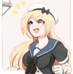  1boy 1girl admiral_(kancolle) beret blonde_hair blue_eyes breasts catwalk_(walkway) collarbone giant giantess gloves hat highres jervis_(kancolle) kantai_collection long_hair looking_at_another medium_breasts open_mouth outside_border raps_(yohomeboyraps) sailor_collar short_sleeves size_difference solo_focus white_gloves white_headwear 