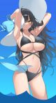  1girl absurdres armpits arms_behind_head arms_up bare_arms bare_shoulders bikini black_bikini black_hair blue_bow bow breasts cleavage expressionless halterneck hat hat_bow highres large_breasts long_hair looking_at_viewer multi-strapped_bikini myao_(o3o333) navel one_eye_covered original skindentation solo standing stomach string_bikini sun_hat swimsuit thighs very_long_hair wading white_headwear yellow_eyes 