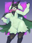  anthro black_body black_fur breasts cape clothed clothing cute_fangs female fingers fur generation_9_pokemon green_body green_fur hi_res looking_at_viewer meowscarada multicolored_body multicolored_fur nintendo nipple_outline open_mouth pink_eyes pokemon pokemon_(species) portrait pupils signature slit_pupils solo standing sususuigi three-quarter_portrait 