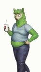  2019 alpaca anthro beverage blue_clothing bottomwear camelid cettus clothing container cup ear_piercing ear_ring fur green_body green_fur hi_res holding_container holding_cup holding_object looking_down male mammal midriff overweight overweight_anthro overweight_male pants piercing ring_piercing shirt simple_background soda solo straw topwear walking white_background 