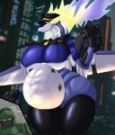  2023 ancient_pokemon anthro belly big_belly big_breasts big_butt black_sclera breasts building butt city clothed clothing curvy_figure dialogue dragon english_text female future_pokemon generation_9_pokemon hi_res huge_breasts huge_butt human hyper hyper_butt legendary_pokemon looking_at_viewer male mammal miraidon navel nintendo outside paradox_pokemon pokemon pokemon_(species) pregnant solo standing text thick_thighs vf-01s voluptuous wide_hips 