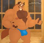  anthro beast_(disney) brown_body bulge clothing disney english_text hi_res male monster musclegut nipples rine solo text thong underwear 
