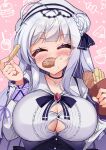  1girl absurdres azur_lane blush breasts brooch button_gap choker closed_eyes cygnet_(azur_lane) eating food food_in_mouth food_on_face french_fries hair_bun hat highres jewelry large_breasts long_hair mikage_(shibi) mouth_hold single_side_bun solo upper_body white_hair 