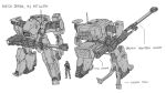  1boy arm_cannon cannon caterpillar_tracks character_name english_commentary faceless faceless_male greyscale gun helmet holding holding_gun holding_weapon howitzer mecha military monochrome multiple_views original robot science_fiction soldier weapon zen_(jirakun) 
