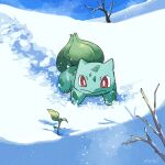  bare_tree bright_pupils bulbasaur claws closed_mouth commentary_request day looking_down no_humans ototoi_(eevees813) outdoors pokemon pokemon_(creature) red_eyes sapling snow solo tree white_pupils 