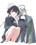  2girls :o black_dress black_gloves black_hair black_pants blue_archive butterfly_hair_ornament china_dress chinese_clothes double_bun dragon_print dress eyewear_on_head gloves green_eyes green_hair grey_jacket hair_bun hair_ornament halo hand_on_hip highres jacket jacket_on_shoulders kisaki_(blue_archive) long_hair looking_at_viewer mina_(blue_archive) multiple_girls pants print_dress red_eyes shikiama shirt simple_background squatting standing striped striped_jacket sunglasses twintails vertical-striped_jacket vertical_stripes white_background white_shirt 