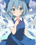  1girl bangs blue_bow blue_dress blue_eyes blue_hair blue_sky blush bow cirno closed_mouth cloud collared_shirt commentary_request detached_wings dress hair_bow highres ice ice_wings looking_at_viewer outdoors setsugetsuka436 shirt short_hair short_sleeves sky solo touhou white_shirt wings 