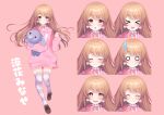  &gt;_&lt; 1girl :d absurdres asagi_shiki_(artist) blush brown_footwear brown_hair character_name chestnut_mouth choker closed_eyes closed_mouth drawstring earrings expression_chart expressions frilled_choker frills full_body hair_between_eyes highres holding holding_stuffed_toy hood hoodie indie_virtual_youtuber jewelry long_hair long_sleeves looking_at_viewer multiple_views neck_ribbon o_o open_mouth pink_background pink_eyes pink_hoodie pink_ribbon pom_pom_(clothes) pom_pom_earrings ribbon shoes simple_background sleeves_past_fingers sleeves_past_wrists smile smug sparkling_eyes standing standing_on_one_leg striped striped_thighhighs stuffed_animal stuffed_toy suzuka_minase sweatdrop thighhighs virtual_youtuber white_choker xd zettai_ryouiki 