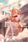  1girl :d animal_ear_fluff animal_ears bangs blue_eyes blue_sky book bookshelf capelet cloud commentary commission day dress hair_between_eyes halo hand_up highres indoors long_hair looking_at_viewer maplestory no_shoes on_railing orange_dress orange_hair pine_(angel4195202) ponytail sitting sky smile solo tail thighhighs very_long_hair white_capelet white_thighhighs 