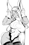  1girl :d absurdres animal_ears arms_up bangs bare_shoulders boku_no_hero_academia breasts covered_navel covered_nipples crescent_print dark-skinned_female dark_skin fur_collar gloves greyscale hair_over_one_eye highleg highleg_leotard highres himajin_noizu large_breasts leotard long_eyelashes long_hair looking_at_viewer mirko monochrome parted_bangs rabbit_ears rabbit_girl rabbit_pose rabbit_tail skindentation sleeveless_turtleneck_leotard smile solo tail teeth thighhighs thighs toned very_long_hair white_gloves white_hair 