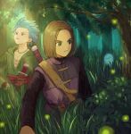  2boys belt blue_eyes blue_hair brown_belt brown_hair bush camus_(dq11) dagger dappled_sunlight dragon_quest dragon_quest_xi earrings fireflies foliage forest grass hero_(dq11) highres hoop_earrings jewelry knife light_rays long_sleeves male_focus multiple_boys nature necklace outdoors pikara spiked_hair sunlight sword sword_on_back tree weapon weapon_on_back 