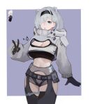  1girl animal_ears arknights aurora_(arknights) bear_ears biefanjianle black_gloves black_hairband black_shirt blue_eyes breasts chaps cleavage cowboy_shot crop_top cropped_jacket gloves grey_hair grey_shorts hair_over_one_eye hairband jacket large_breasts long_sleeves midriff navel open_mouth purple_background shirt short_hair short_shorts shorts solo standing stomach thighs white_jacket 