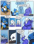 anthro avian berdly bird clothing comic deltarune dialogue duo english_text female frown hi_res hybrid male male/female school sitting text theenfman thinking toriel undertale_(series) undressing 